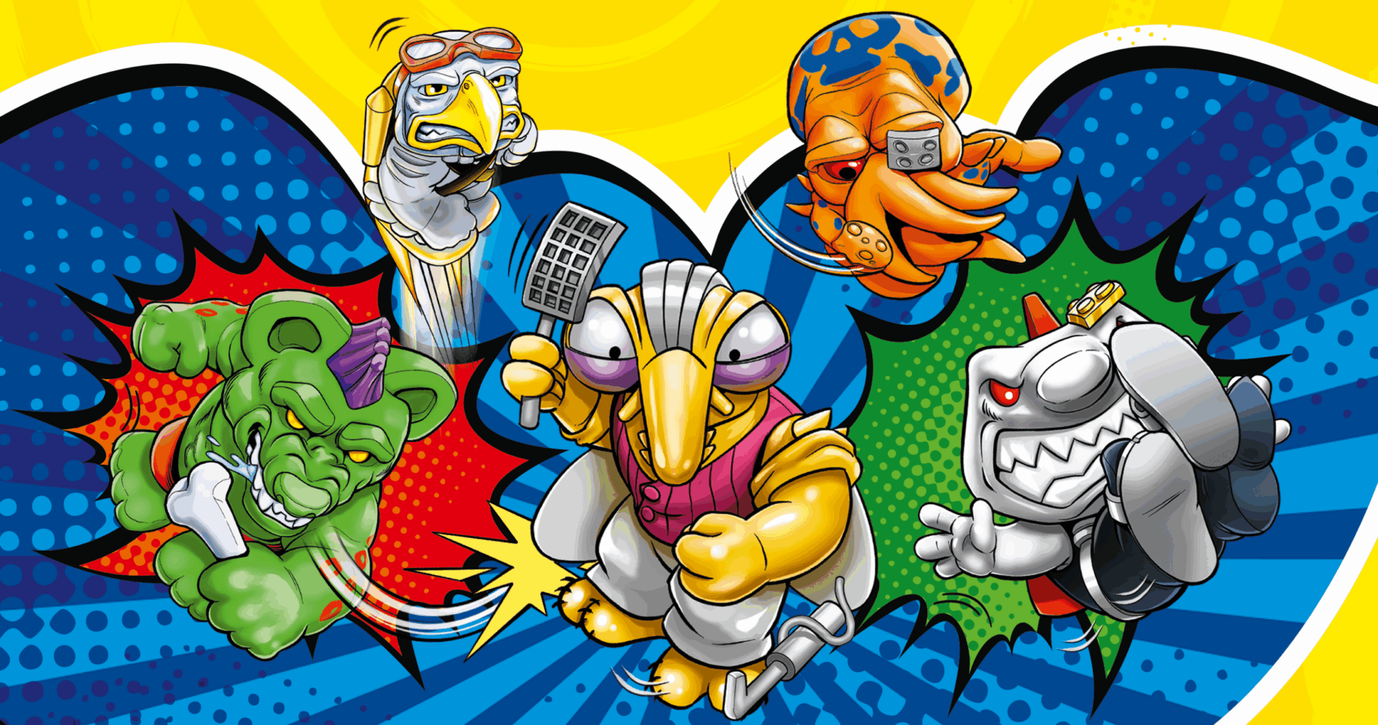 Battle Bouncers slider graphic with five figures.
